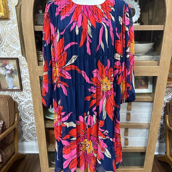 Trina Turk Silvery Dress 3/4 Balloon Sleeve A-line Gathered Size Medium BNWT - Picture 2 of 10